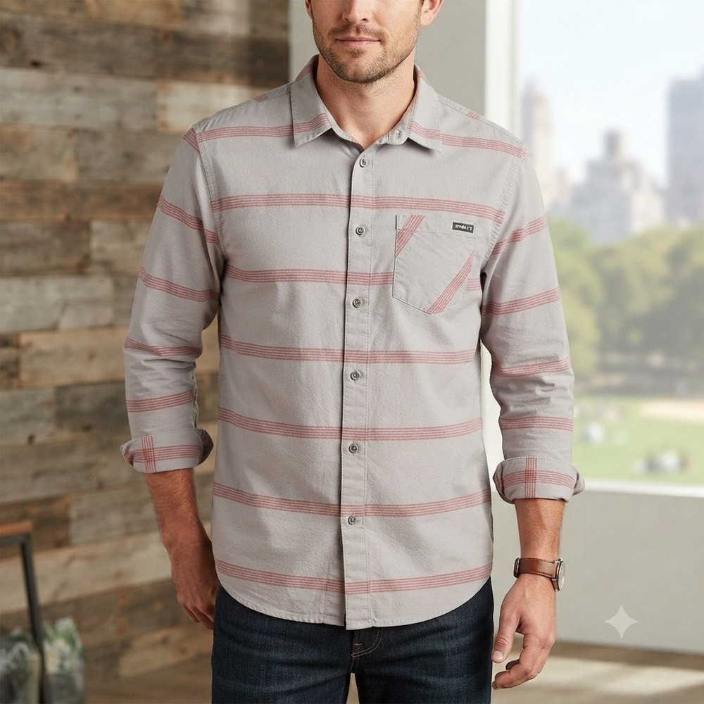 Oakley Mens‎ Long Sleeve Button Down Shirt Gray Red Striped Size Medium